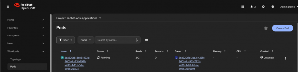Red Hat OpenShift console Pods page showing the CLEAR adapter pod running with two ready containers.