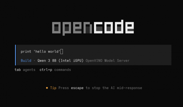 OpenCode terminal interface displaying the ASCII logo and a query prompt for print hello world using Qwen 3 8B.