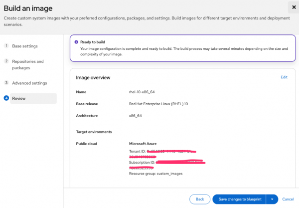 Review screen in image builder showing configuration details for a Red Hat Enterprise Linux 10 image on Microsoft Azure.