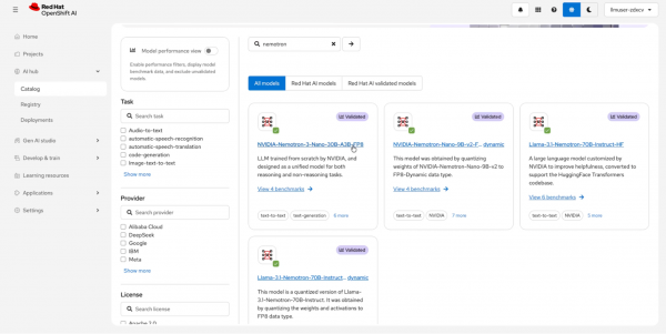 Red Hat OpenShift AI hub model catalog displaying search results for Nemotron variants with validated badges.