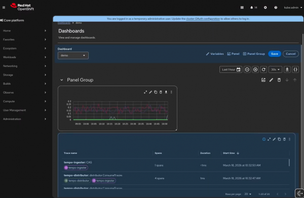 Perses dashboard edit interface with options to configure variables and panels above a time-series graph and a Tempo trace table.
