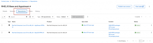 The content view environment details screen, focusing on the repositories tab which lists the synchronized Red Hat Enterprise Linux 10 BaseOS and AppStream packages