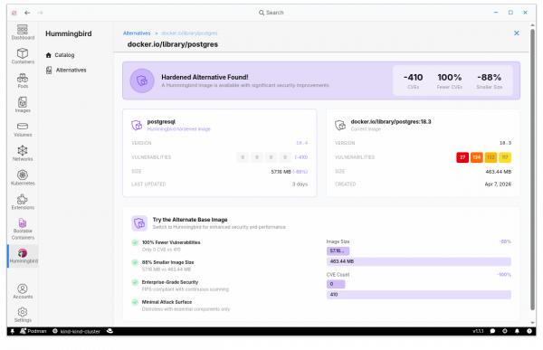 Dashboard comparing a local Postgres image having 410 CVEs with a Hummingbird hardened alternative featuring 0 vulnerabilities and 88% size reduction.