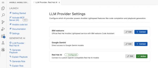 LLM Provider Settings menu listing IBM watsonx, Google Gemini, and Red Hat AI, with Red Hat AI marked as configured and active.