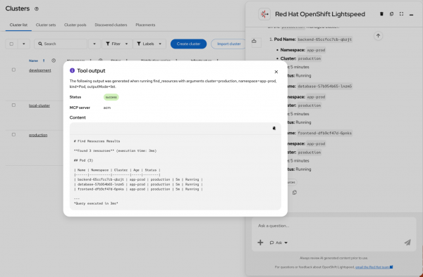 Tool output modal displaying search results for 3 pod resources returned by the ACM MCP server in 3 milliseconds.