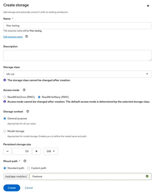 Create storage form with fine-tuning name, ReadWriteMany access mode selected, 50 GiB storage size, and finetune mount path.