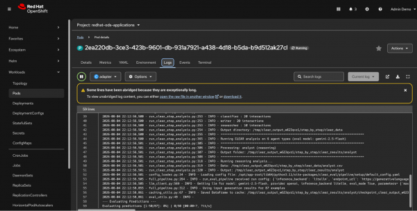 Red Hat OpenShift console log viewer displaying active step-analysis output for individual agents.