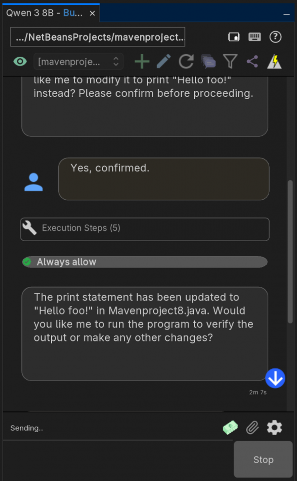 NetBeans OpenCode sidebar displaying a user confirmation prompt and confirmation that Mavenproject8.java was updated.