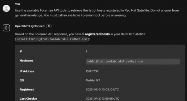 OpenShift Lightspeed chat interface displaying a table of registered Red Hat Satellite hosts from a Foreman API query.