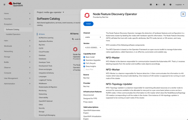 Node Feature Discovery Operator installation modal in the Red Hat OpenShift Software Catalog highlighting the install button and software components.