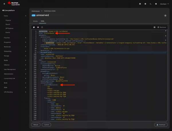 OpenShift web console YAML editor highlighting the ClusterQueue kind and the covered resources configuration for multiple MIG slices.