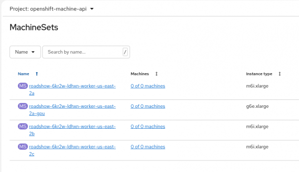 OpenShift MachineSets table within the openshift-machine-api project, displaying multiple worker machine sets scaled to zero of zero machines.