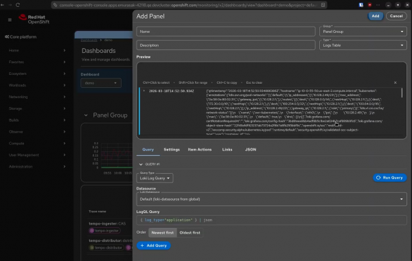 Add Panel modal interface showing configuration fields for a Loki log query panel and a raw log message preview pane.