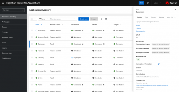 Application inventory interface showing a list of project workloads with an open details panel displaying risk and code repository information.