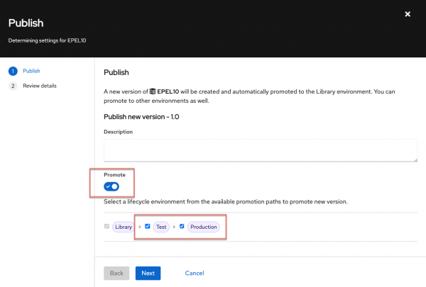The publish new version modal window for the EPEL 10 content view, showing the promote switch toggled on with checkboxes selected for the Test and Production lifecycle environments.