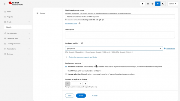 Configuration page in Red Hat OpenShift AI deploying a Qwen model with the vLLM serving runtime for KServe on a GPU profile.