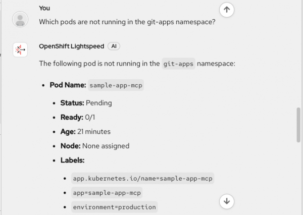 The AI assistant chat window showing a bulleted breakdown of the pending sample-app-mcp pod with no nodes assigned.