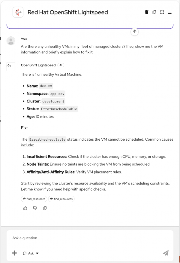 Chat interface showing dev-vm in ErrorUnschedulable status on development cluster with troubleshooting steps.