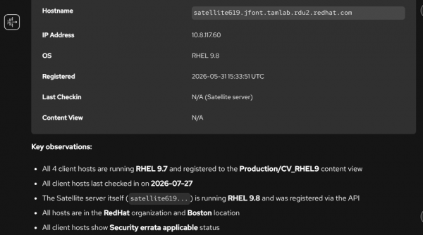 OpenShift Lightspeed host details table for the Red Hat Satellite server followed by bulleted key observations about client hosts.