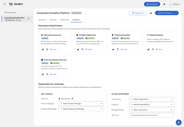 Synthesis dashboard showing generated submission attachment cards, key contact assignments, and product metadata fields before final review.