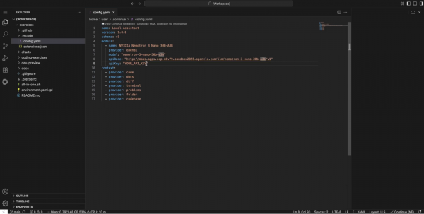 VS Code editor displaying a config.yaml file configured with a MaaS endpoint base URL.