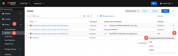The Red Hat Satellite hosts management interface with step-by-step numbered overlays demonstrating how to expand the host sidebar panel, navigate to all hosts, select a host kebab icon, and open the content view environment dialog.