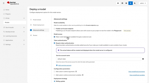 Advanced settings menu in Red Hat OpenShift AI enabling external route access and token authentication for the deployed model.