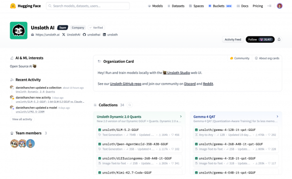 The Unsloth AI organization page on Hugging Face listing various quantized models compressed in GGUF format.