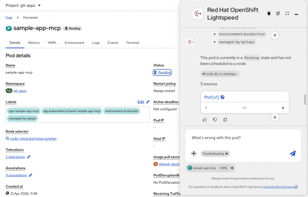 Split-screen interface displaying pod configurations alongside the Lightspeed panel with troubleshooting mode enabled.