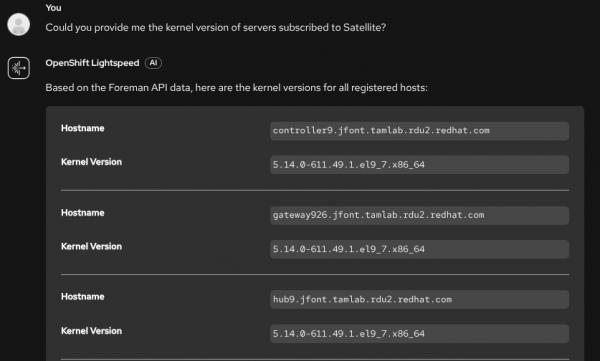 OpenShift Lightspeed prompt and response showing hostnames and their corresponding Linux kernel versions.
