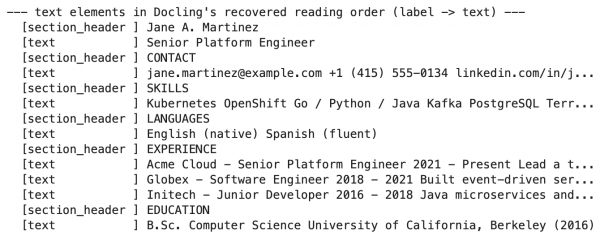Recovered reading order text elements map semantic labels, such as section headers and body text, accurately to their corresponding content.