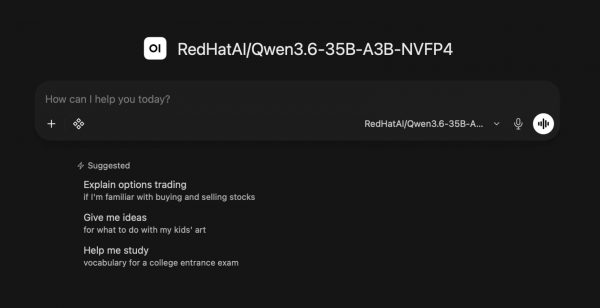 The Open WebUI chat interface for model RedHatAI/Qwen3.6-35B-A3B-NVFP4.