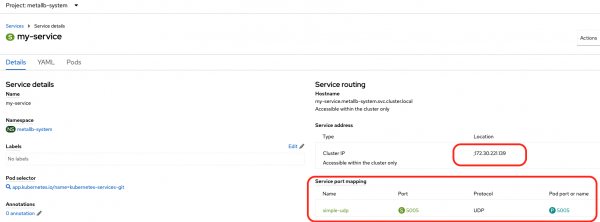 The my-service details page shows a Cluster IP address of 172.30.221.139 and a service port mapping for simple-udp on port 5005 using the UDP protocol.