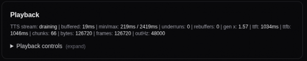Dark user interface panel titled Playback displaying real-time text metrics for audio stream performance and latency.