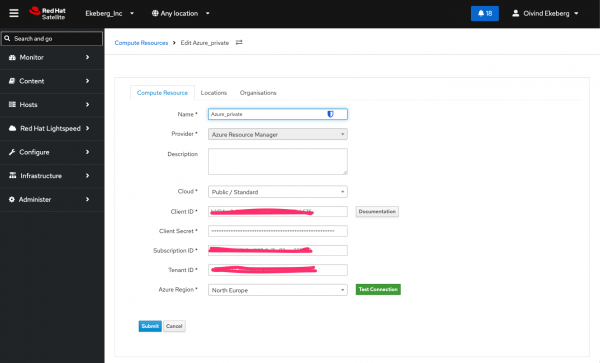 Configuration form in Red Hat Satellite with fields for Azure credentials, region selection, and a Test Connection button.