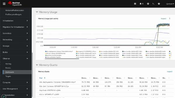 Red Hat OpenShift dashboard graph showing a memory usage spike around 10:00 AM alongside pod memory quota statistics.