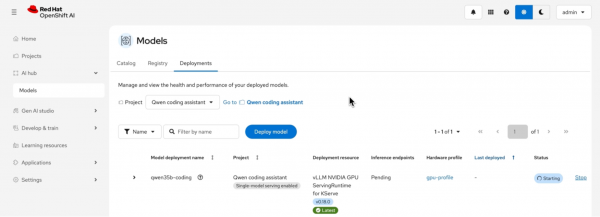 Deployments list in Red Hat OpenShift AI showing the qwen35b-coding model deployment status as starting.
