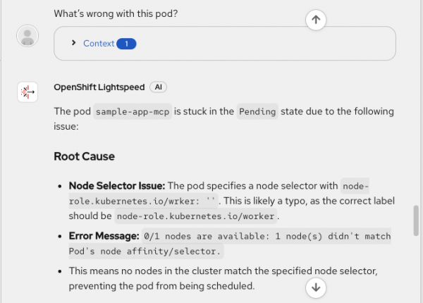 The AI assistant analysis detailing a node selector typo and the corresponding node affinity error message.