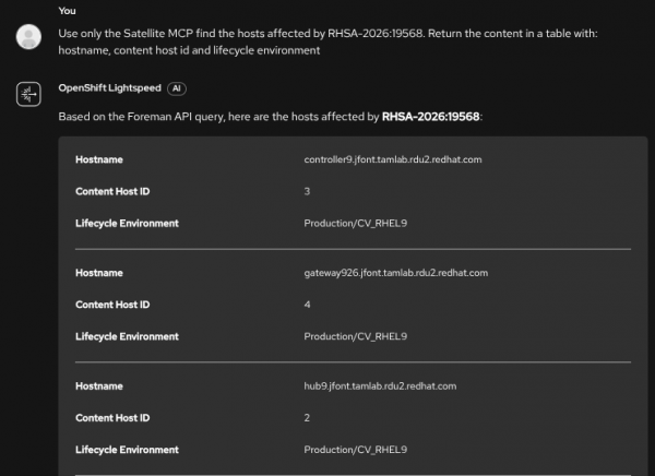 OpenShift Lightspeed chat output displaying hostnames, host IDs, and lifecycle environments affected by security advisory RHSA-2026:19568.