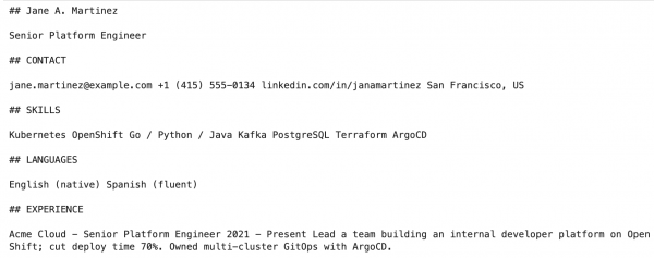 Extracted resume content formatted in clean Markdown, utilizing standard heading tags to accurately structure and separate the information.