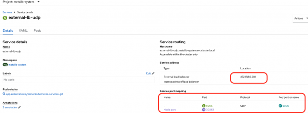 The external-lb-udp details page shows an external load balancer address of 192.168.0.201 and a UDP port mapping for port 5005.