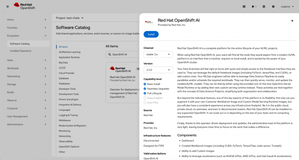 OpenShift AI installation dialog in the Software Catalog showing selections for the stable-3.x channel and version 3.3.0.