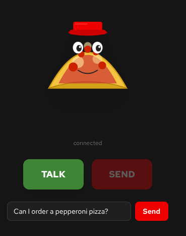 Voice agent client interface displaying prominent green Talk and red Send buttons below a status indicator and a text entry box.