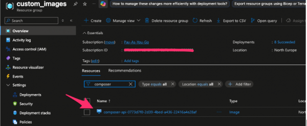 Azure resource group details showing an autogenerated image file named with a composer-api prefix and a unique GUID.