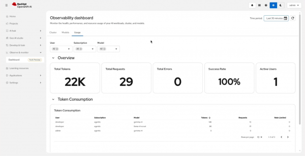 Red Hat OpenShift AI observability dashboard displaying overview metric cards and a token consumption table.