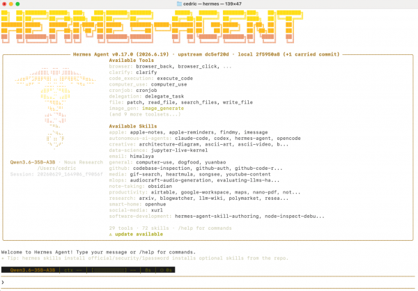 A terminal window showing the Hermes agent startup interface, listing available system tools and configuration options.