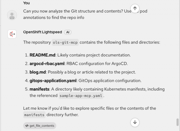 OpenShift Lightspeed interface listing the repository files and directories with a get_file_contents tool badge.