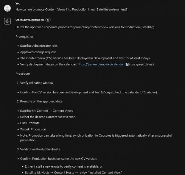 OpenShift Lightspeed chat output showing internal prerequisites and procedure steps for promoting Content Views to Production.