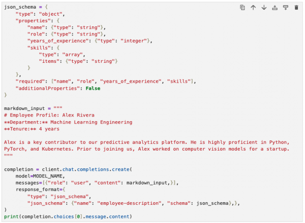Python code passes a JSON schema to a large language model client to ensure the generated employee profile data matches the required structure.