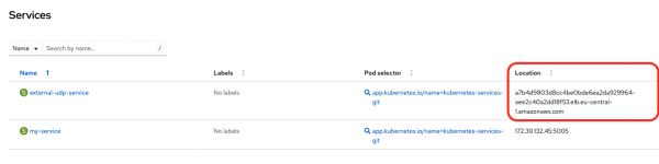 The Services list shows the external-udp-service with a location value corresponding to an Amazon Web Services (AWS) network load balancer URL.